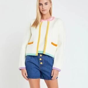 English Factory Colorblock Cardigan Sweater Cream Pastel Boxy Preppy Women’s Lg